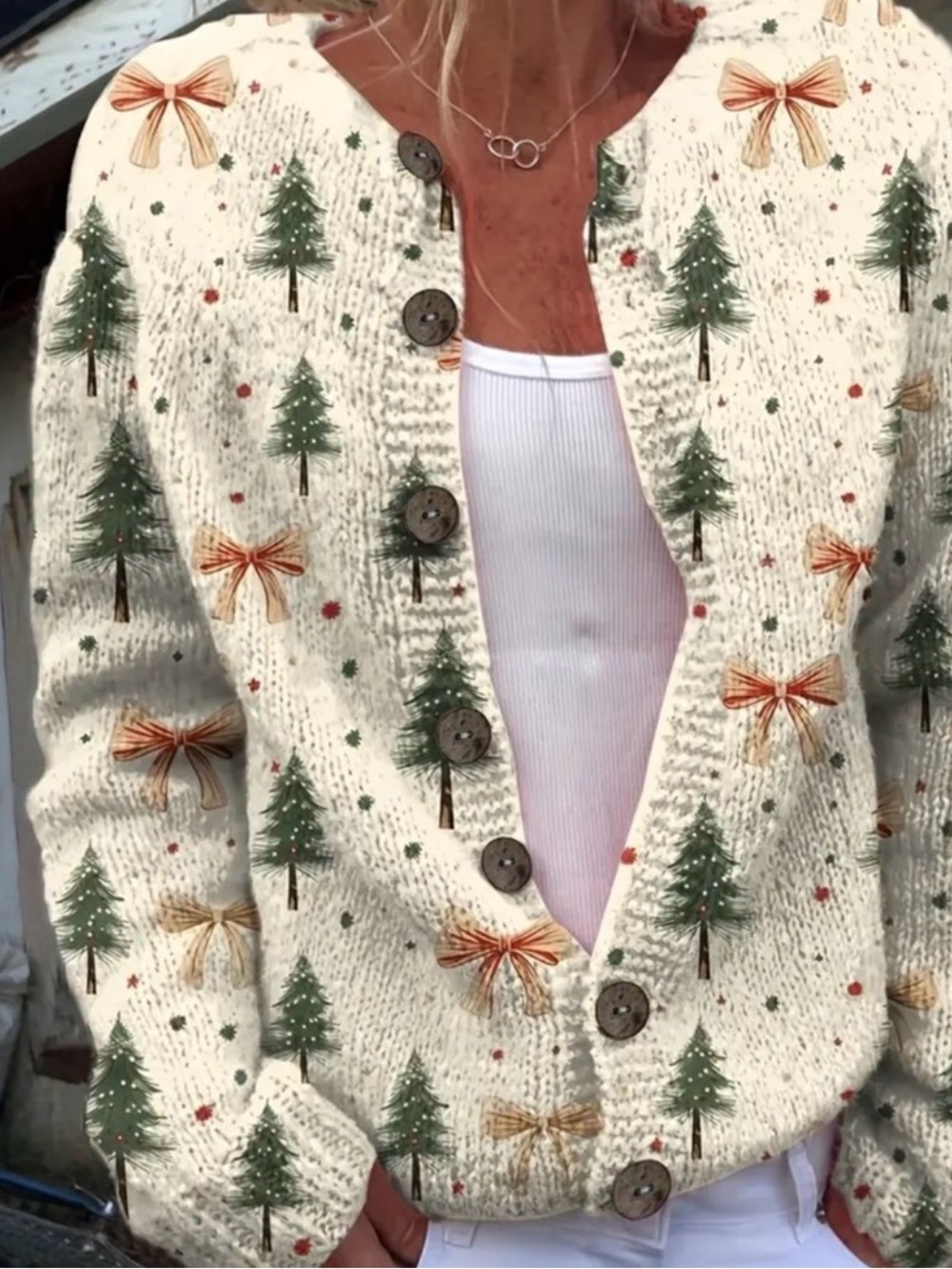 Christmas Tree & Bows Soft Cardigan Holiday Sweater